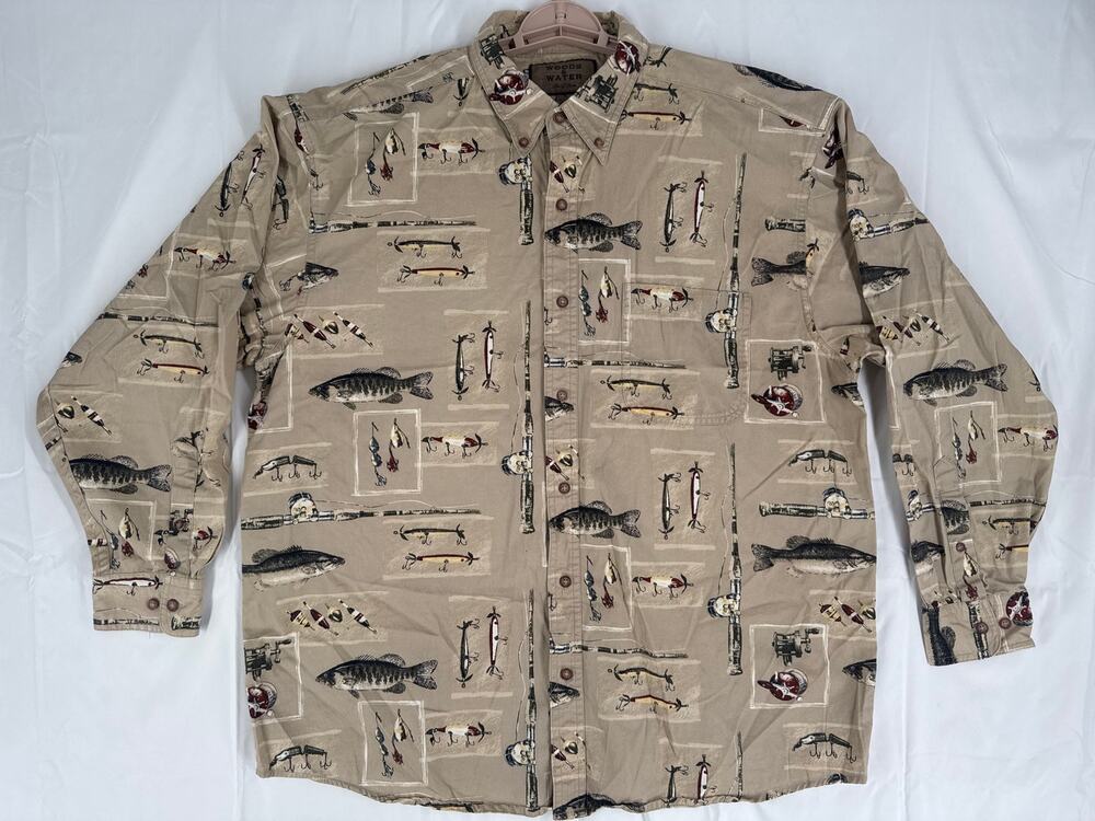 Woods & Water Outfitters Mens XL Button Down FISH & TACKLE Long Slv Shirt